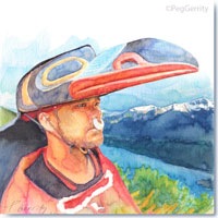 Tlingit Storytellers Johanna Dybdahl and Johan Hinchman of Hoonah, Alaska in Icy Strait Point Watercolor by Gerrity